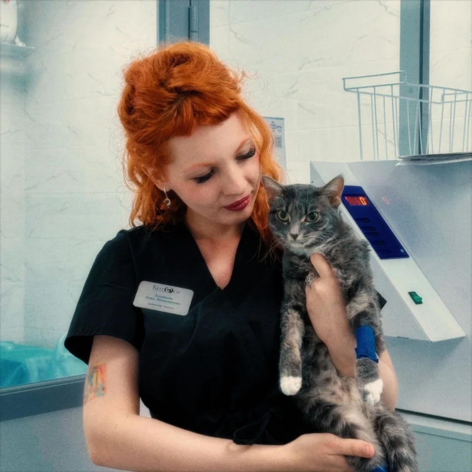 Инна Голубцова в клинике держит на руках серого кота с повязкой на лапе